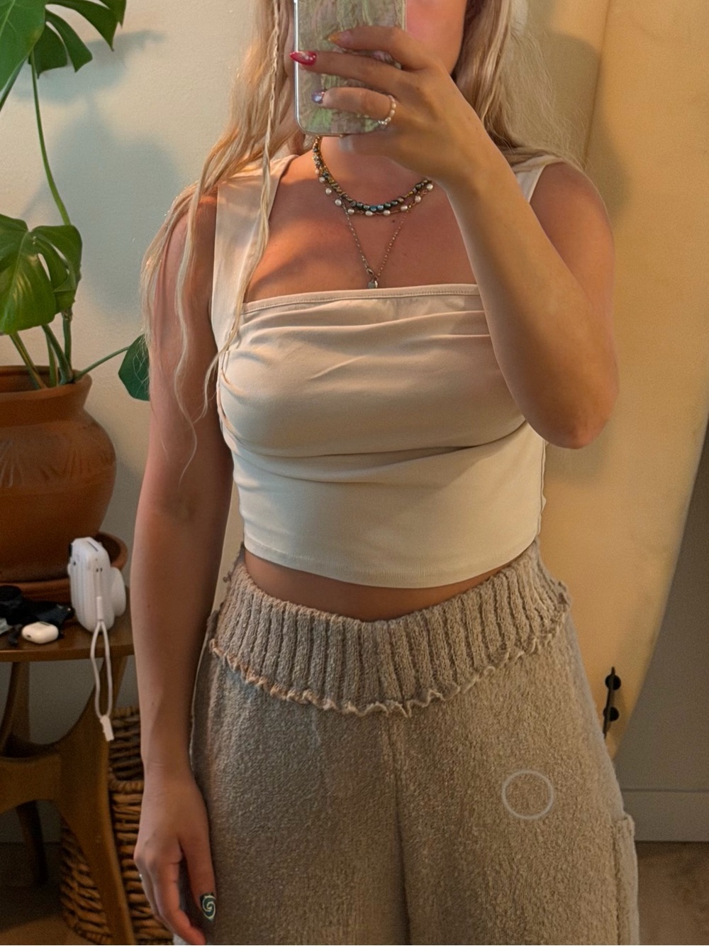 Beige square Neck Crop Tank Top - Women
